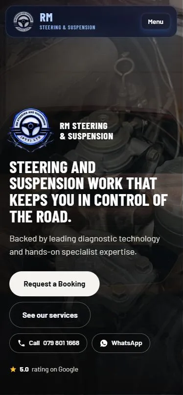 RM Steering and Suspension home screen on a phone, with booking, call and WhatsApp buttons